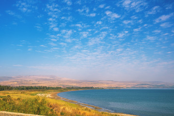 The Sea of Galilee, Lake of Gennesaret. Sea landscape on Northern Israel. Panoramic view of Tiberias in Galilee