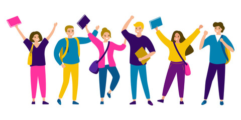 Happy group of students, flat style. Young people men and women with backpacks and books . Vector illustration on white background