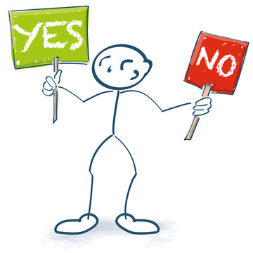 Strichmännchen mit den Schildern Yes und No