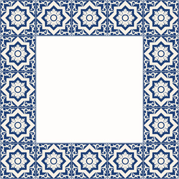 Tile Frame Vector. Vintage Border Pattern. Antique Ceramic Decor Design. Italian Majolica; Mexican Talavera; Spanish Mosaic; Portuguese Azulejos Motifs.