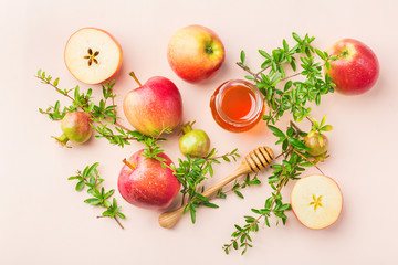 Rosh Hashana, jewish new year holiday concept, honey, apple, pomegranate