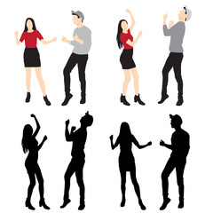 Fototapeta premium Set of men and women standing, hands up, dancing in various poses, cartoon character, group business people , vector silhouette, flat designe icon, different colors, isolated on white background