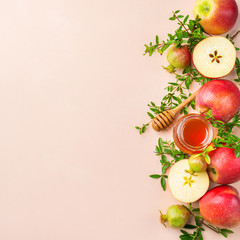 Rosh Hashana, jewish new year holiday concept, honey, apple, pomegranate