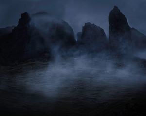 Beautiful landscape of Scotland, UK.Old Man of Storr surrounded by clouds.