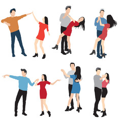 Set of men and women standing, dancing in various poses, cartoon character,  group business  people , vector silhouette, flat designe icon, different colors, isolated on white background