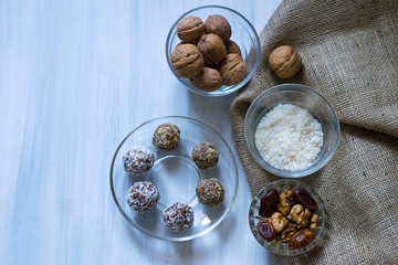 Natural healthy vegetarian sweets made from nuts, dates and coconut