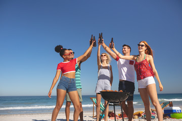 Group of friends toasting beer bottles on the beach 