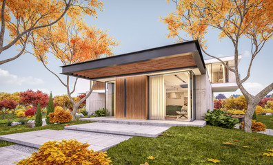 Fototapeta na wymiar 3d rendering of modern cozy house on the hill with garage and pool for sale or rent with beautiful landscaping on background. Soft autumn evening with golden leafs anywhere