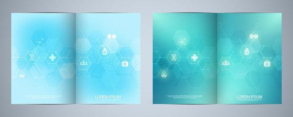Fototapeta na wymiar Template brochure or cover book, page layout, flyer design. Concept and idea for health care business, innovation medicine, pharmacy, technology. Medical background with flat icons and symbols.