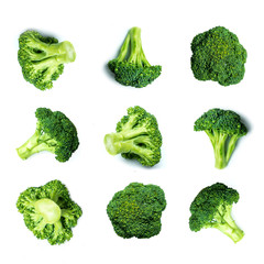 Vegetables pattern with broccoli. Raw broccoli collection isolated on white background.