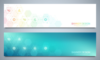 Banners design template for healthcare and medical decoration with flat icons and symbols. Science, medicine and innovation technology concept.