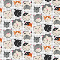 Different kinds of cat coat coloration, seamless pattern with halftone background