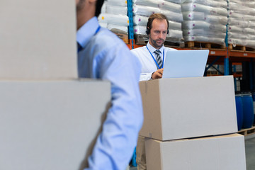Male supervisor with headset working on laptop in warehouse