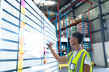 Female staff writing on whiteboard in warehouse