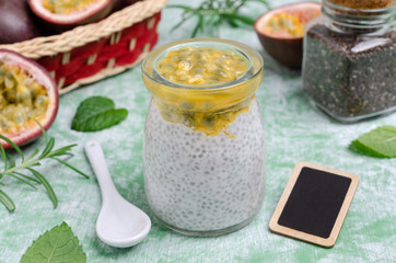 Dairy dessert with chia seeds and passion fruit