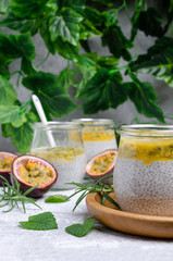 Dairy dessert with chia seeds and passion fruit
