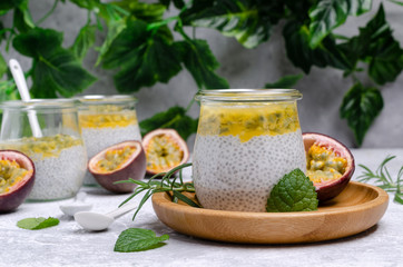 Dairy dessert with chia seeds and passion fruit