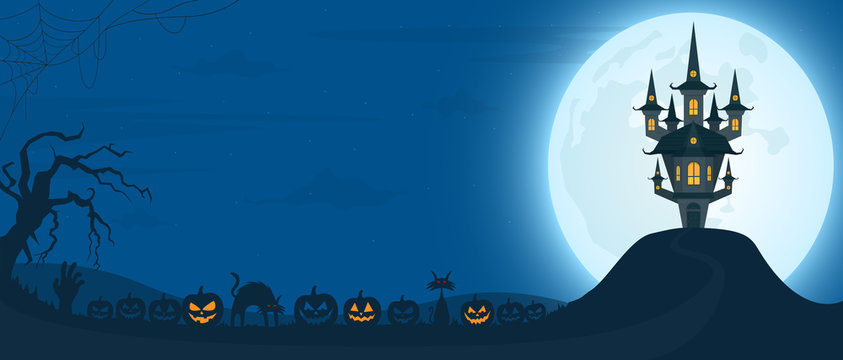 Halloween night background with castle under the moonlight and scary pumpkins. Vector illustration.