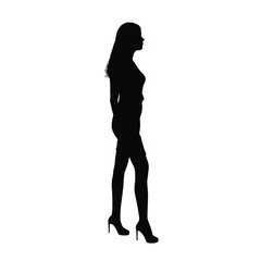 Silhouette of a woman in summer dress standing profile, business people,vector illustration, black color, isolated on white background