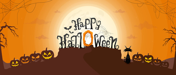 Happy Halloween vector horizontal banner or background with handwriting calligraphy lettering in orange moonlight. Vector illustration EPS 10.