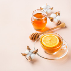 Cup of tea with honey on pastel pink, apricot background