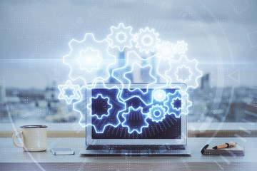 Multi exposure of business theme icons and table with computer background. Concept of success.