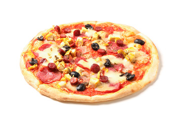 Pizza with sausage, meat, cheese and olives isolated on white background