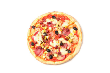 Pizza with sausage, meat, cheese and olives isolated on white background