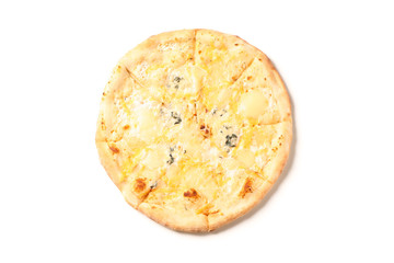 Tasty cheese pizza isolated on white background, top view