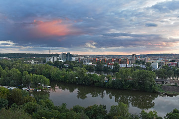 Obraz premium Sunset clouds in Prague stock images. Beautiful sunset over Prague from Liben. View in Prague Czech Republic. Twilight in Prague. Romantic viewpoint at sunset. Colorful sky background stock images