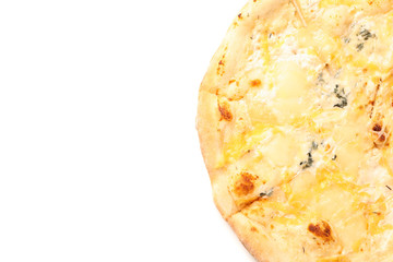 Tasty cheese pizza isolated on white background, top view