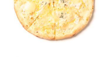 Tasty cheese pizza isolated on white background, top view