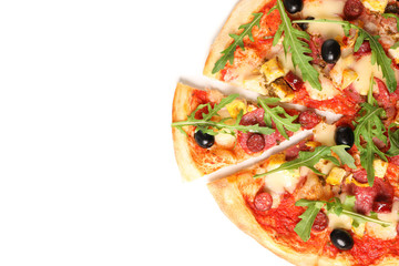 Meat pizza with arugula isolated on white background, top view
