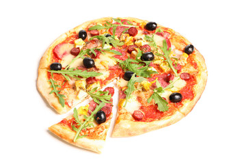 Meat pizza with arugula isolated on white background