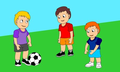 Three boys playing football. Vector illustration of a little boys playing sports.