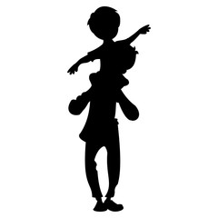 Vector illustration of a little boy sitting on his daddy's shoulder. Black vector graphic illustration  isolated on white background. 