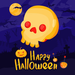   Modern vector illustration. Happy Halloween vector banner on mystery background with bats and tombs. For party posters, greeting cards.