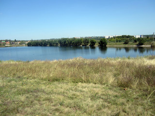 landscape with lake and blue sky