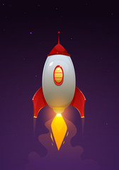 Space rocket launch. Cartoon illustration of the flying rocket. Spaceship flying.