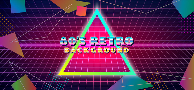 Futuristic retro 1980s style abstract cover banner design. 80s colorful gradient effect geometry shape vector illustration with cyber space grid and glowing neon horizon background