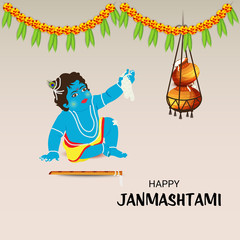Obraz premium Vector illustration of a Background or Brochure for indian festival of Happy Janmashtami Celebration.