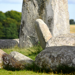 Close up of a few of the stones in the prehistoric site of Stonehenge on the Salisbury plain in Southern England