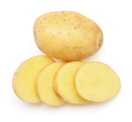 Young potato and slice isolated on white background. Harvest new. Flat lay, top view