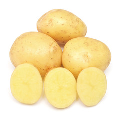 Young potato and slice isolated on white background. Harvest new. Flat lay, top view