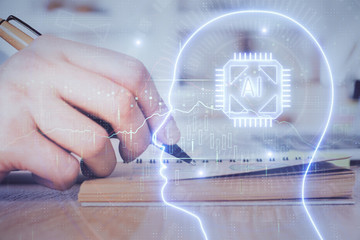 Haman brain multi exposure icon with man hands background.
