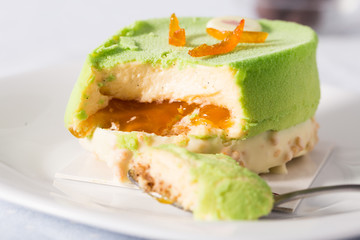 tasty pistachio cake with caramel cream