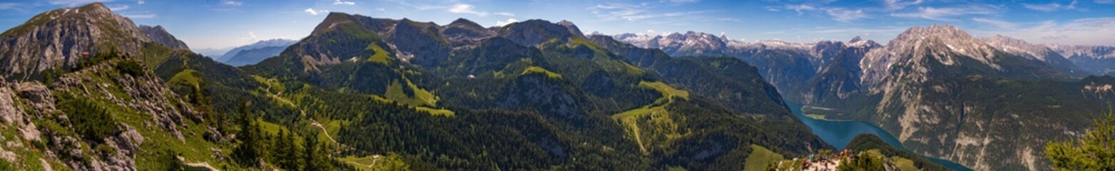 High resolution stitched panorama of a beautiful alpine view at the famous Jenner summit near Berchtesgaden, Bavaria, Germany - obrazy, fototapety, plakaty