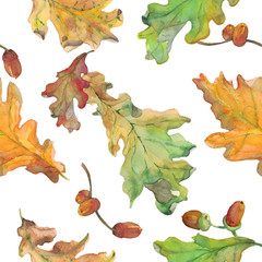 Watercolor hand drawn seamless pattern with autumn green and yellow oak leaves and acorns on white background.	Design for textile, packaging, season decor and background.