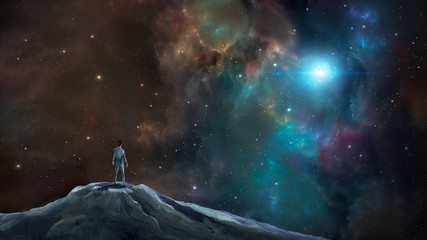 Space scene. Man stand on rock with colorful nebula and stars. Elements furnished by NASA. 3D rendering
