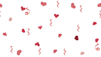 Festive Pattern of Hearts and Serpentine. The idea of packaging, textiles, wallpaper, banner, printing. Falling Red confetti. Vector Seamless Pattern on a White Background.
